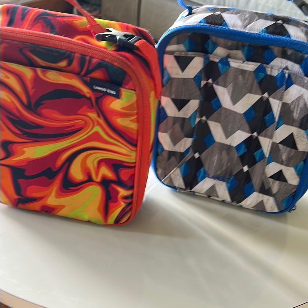 Two Lands' End Kids' Lunch Boxes - Swirl Red and Blue Geometric